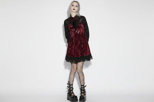 SinisterStitches™ Red Gothic Short Dress With Bow